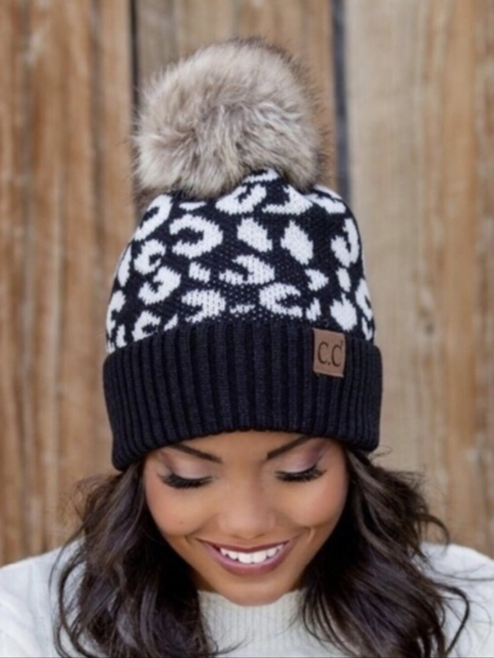 Last Two! Stylish Black and White C.C. Beanie w/Leopard Print & Faux Fur Pom